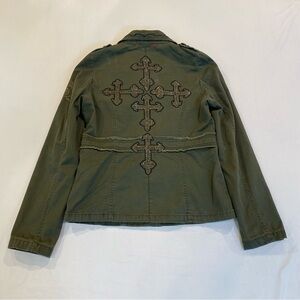 MISS ME Y2K 00s Olive Green Embroidered Women's Jacket with Rhinestones, Grunge